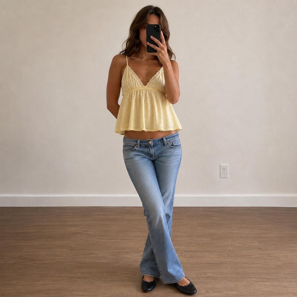 Y2K Sentiments yellow Swiss dot babydoll camisole top Women M Coquette Boho